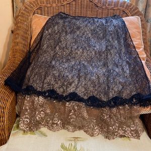 Betsey Johnson black lace skirt with gold highlights / gold flounce